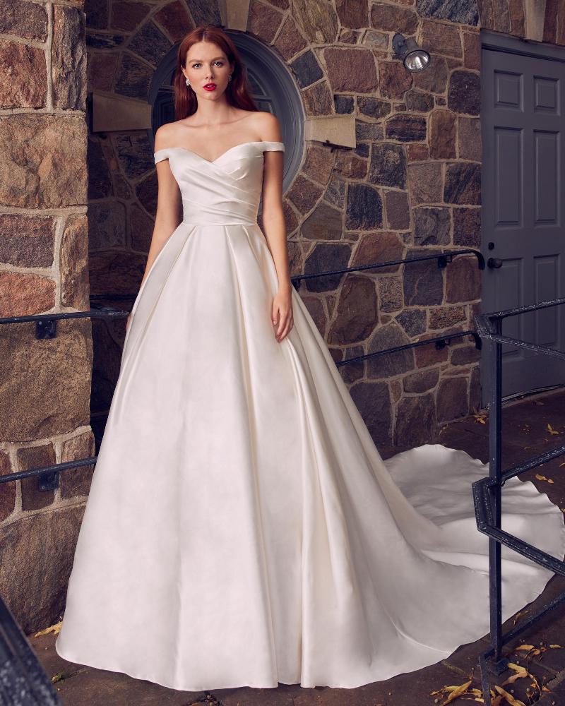 La22120 simple satin off the shoulder wedding dress with pockets and ball gown silhouette1